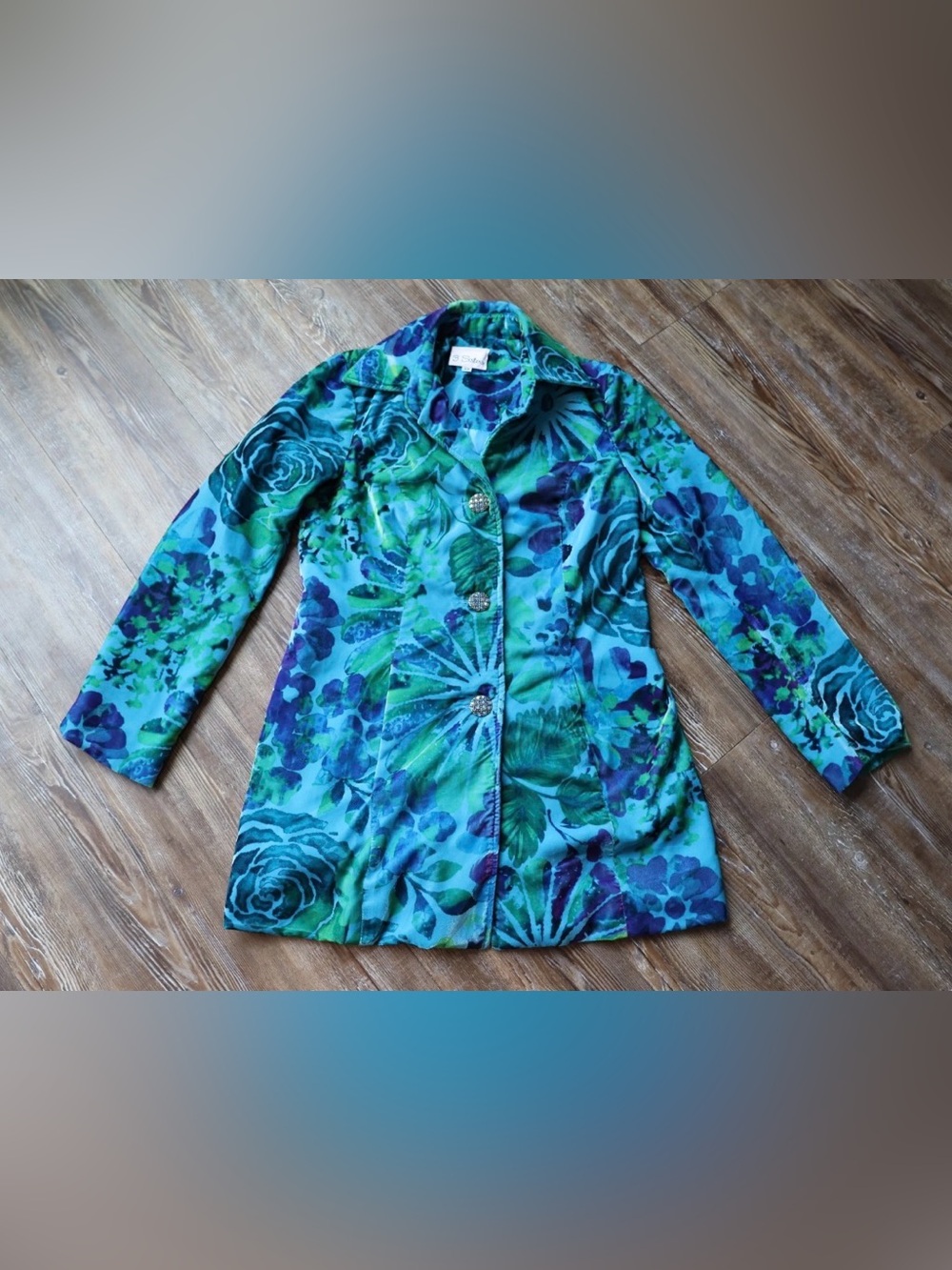 3 Sisters Artsy Watercolor Floral Velvet Jacket Jeweled Buttons XS Made in USA